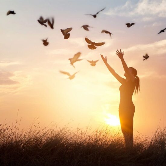 Woman in a field raising her arms to feel a flock of birds during sunset